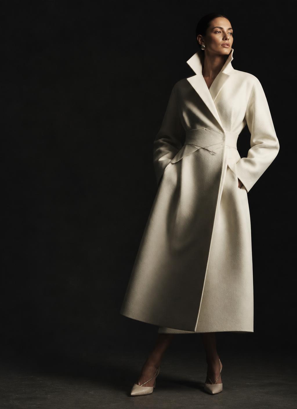Editorial portrait of a woman in a sculptural ivory tailored coat